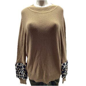Michael Kors Mock Neckline Sweater Leopard Faux Fur Cuff NWT Size XL